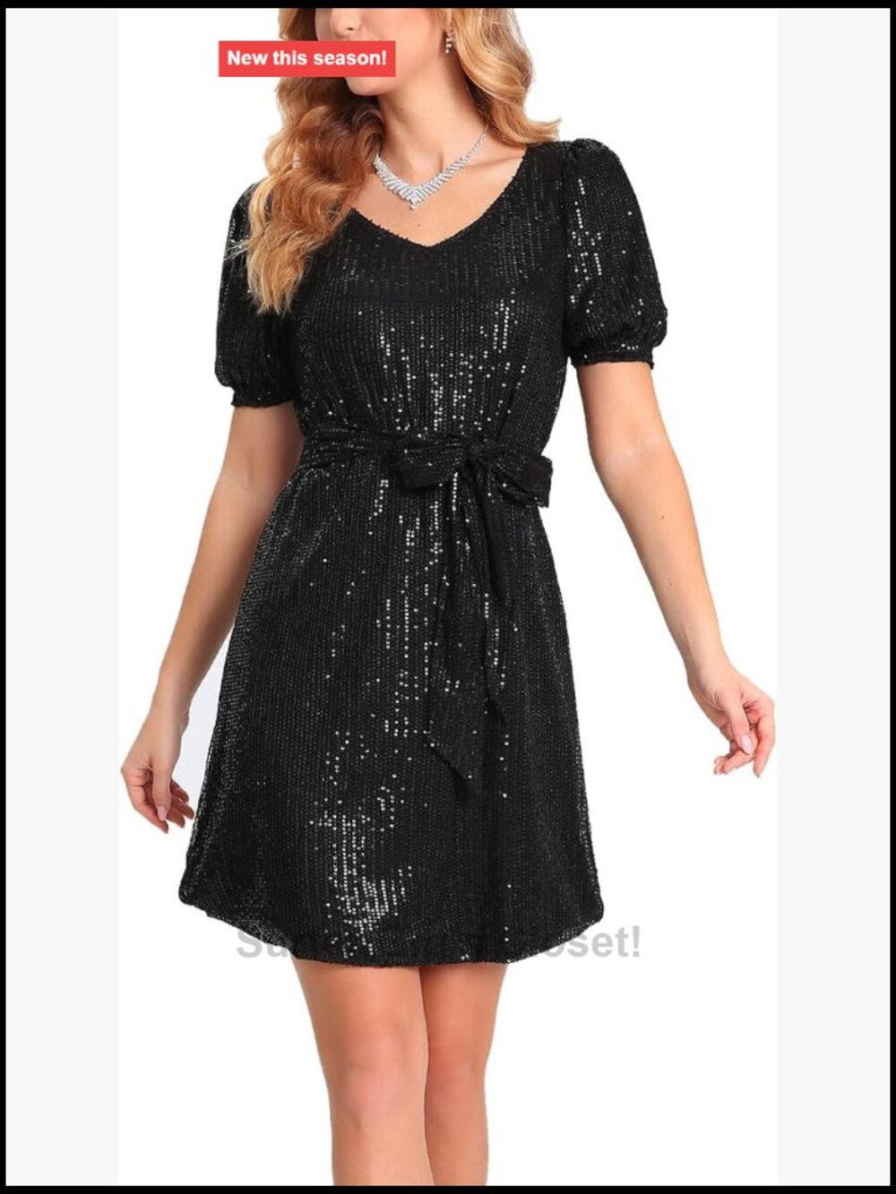 Women's Sequin Dress Short Sleeve V-Neck Glitter Shift Mini Dress Party Club